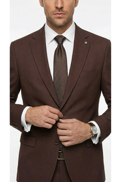 Erkek Klasik 2’li Takım Elbise 2 Düğmeli Slim Fit Esnek Kumaş Çift Yırtmaçlı 7 Drop - Kahverengi