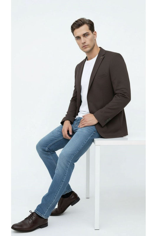 Kahverengi Erkek Slim Fit Blazer Ceket – Şık, Modern, Günlük ve Ofis Kombinlerine Uygun Tek Düğmeli - Kahverengi