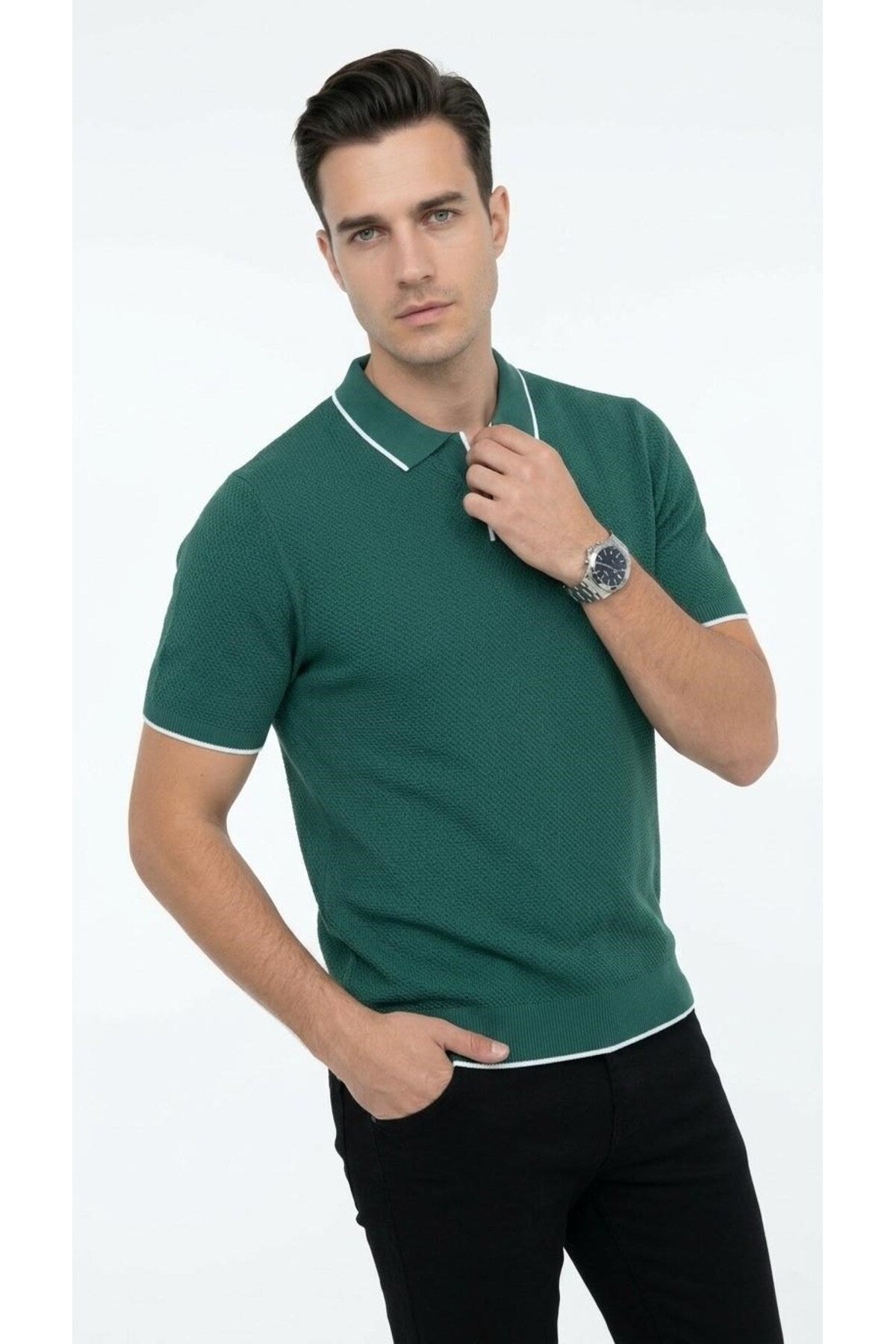 Erkek Pike Dokulu Triko Polo Yaka Tişört Slim Fit Şerit Detaylı Yazlık Model - Yeşil