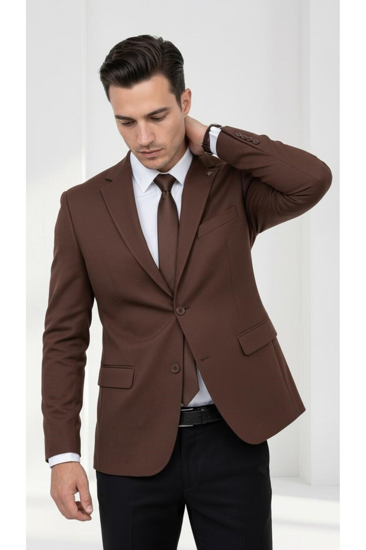 Slim Fit Mikro Desenli Erkek Ceket Yazlık Pike Kumaş Çift Yırtmaç Blazer - Kahverengi