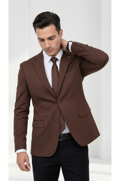 Slim Fit Mikro Desenli Erkek Ceket Yazlık Pike Kumaş Çift Yırtmaç Blazer - Kahverengi