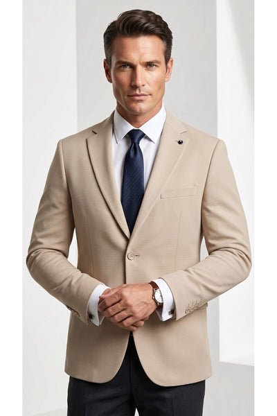 Erkek Slim Fit Çift Düğme Çift Yırtmaçlı Blazer Ceket – Premium Dokulu Kumaş - Bej