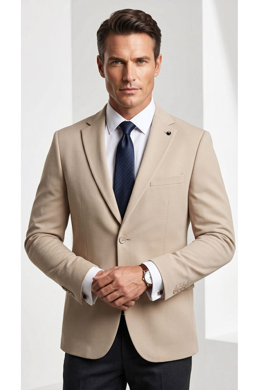 Erkek Slim Fit Çift Düğme Çift Yırtmaçlı Blazer Ceket – Premium Dokulu Kumaş - Bej
