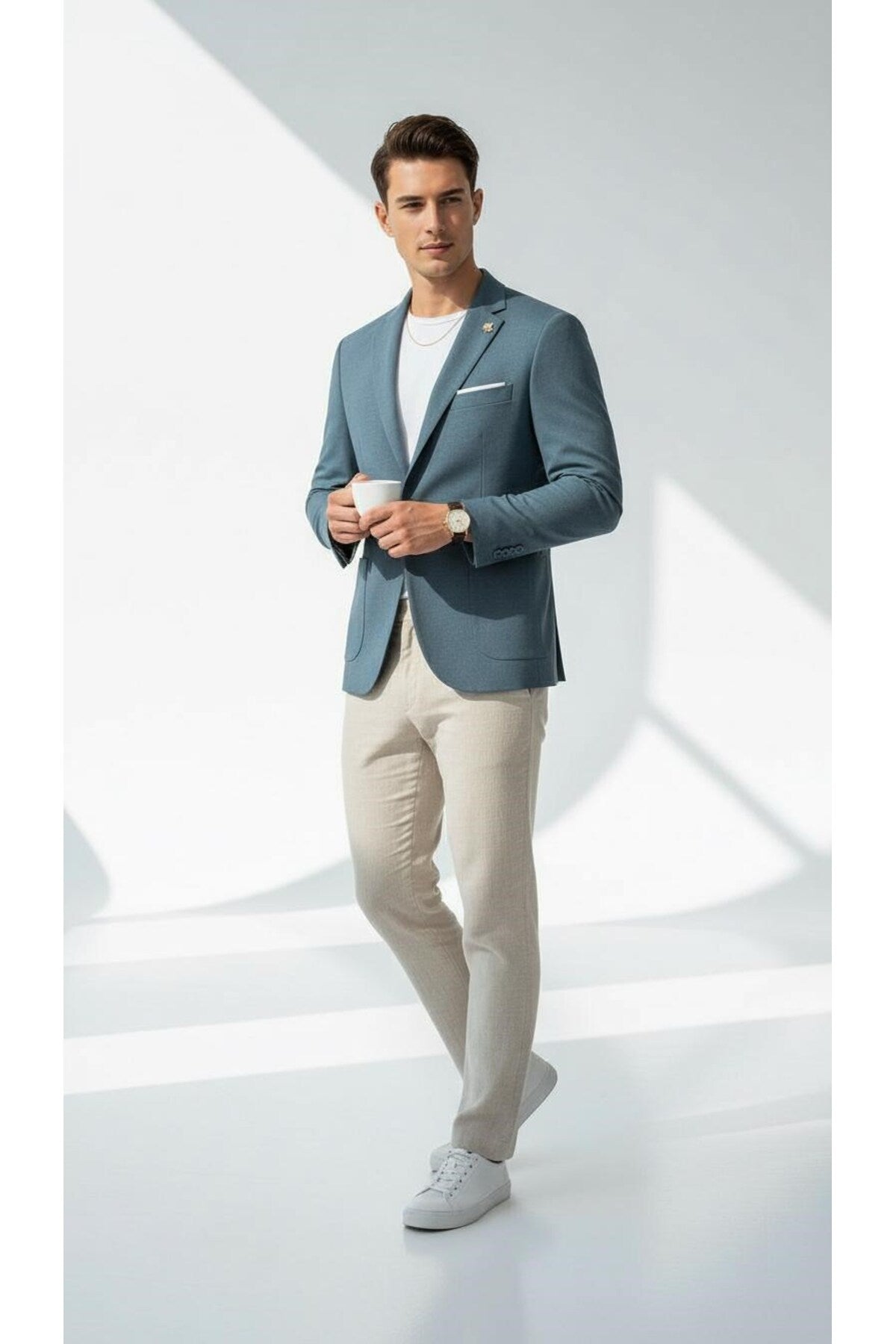 Erkek Slim Fit Blazer Ceket Tek Düğmeli Çift Yırtmaçlı Torba Cepli Yarım Astarlı - Mavi