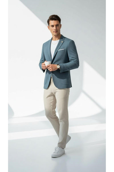 Erkek Slim Fit Blazer Ceket Tek Düğmeli Çift Yırtmaçlı Torba Cepli Yarım Astarlı - Mavi