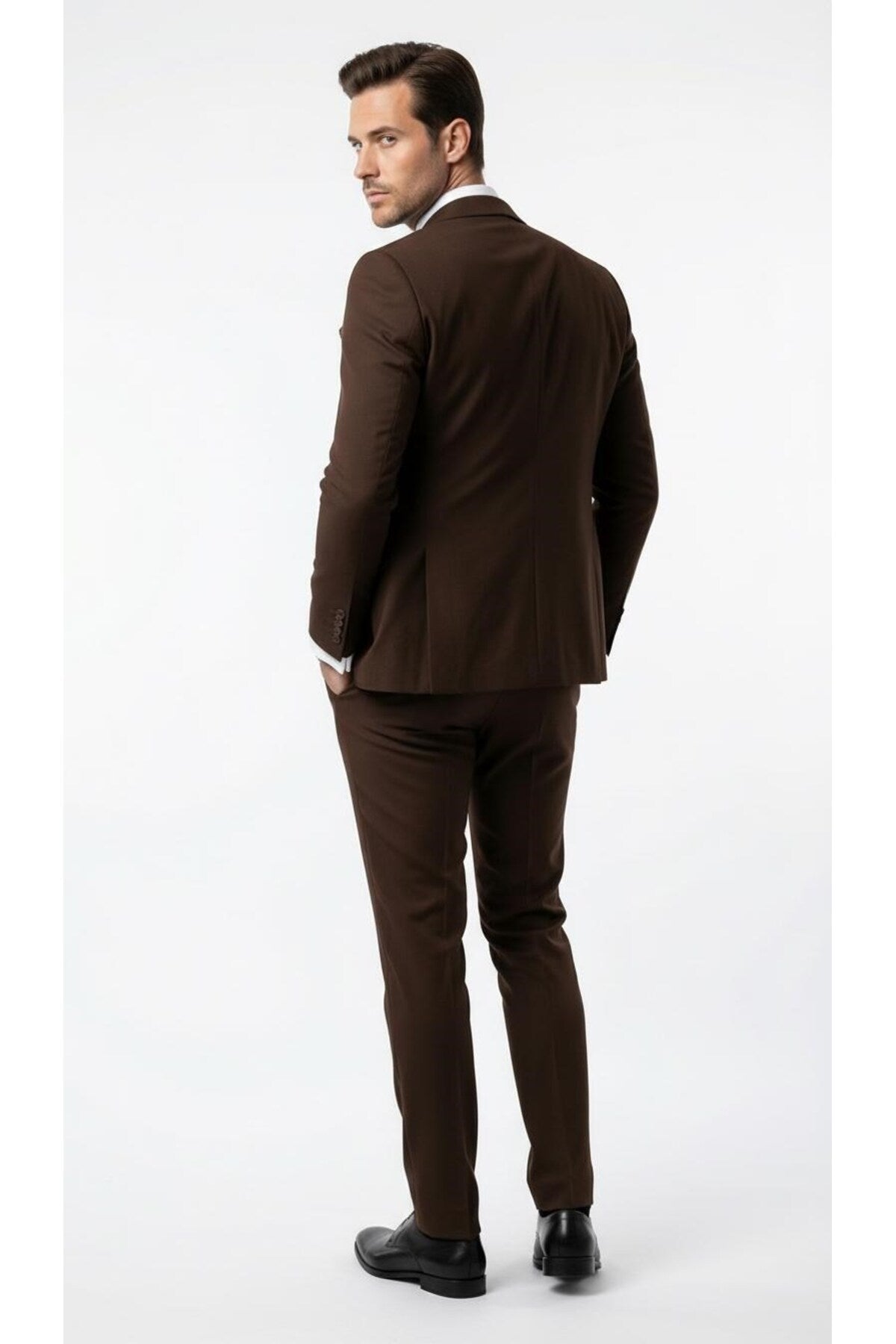 Erkek 3 Parça Slim Fit Takım Elbise –Klasik Likralı Kumaş, Tek Düğme, Çift Yırtmaçlı Modern Kesim ( - Kahverengi
