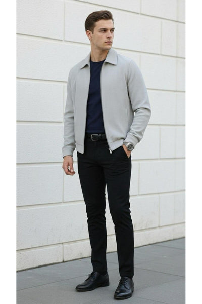 Slim Fit Fitilli Dokulu Erkek Fermuarlı Mont Ceket Günlük Şık Kombin - Gri