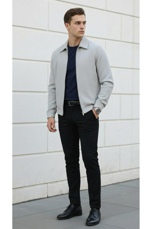 Slim Fit Fitilli Dokulu Erkek Fermuarlı Mont Ceket Günlük Şık Kombin - Gri