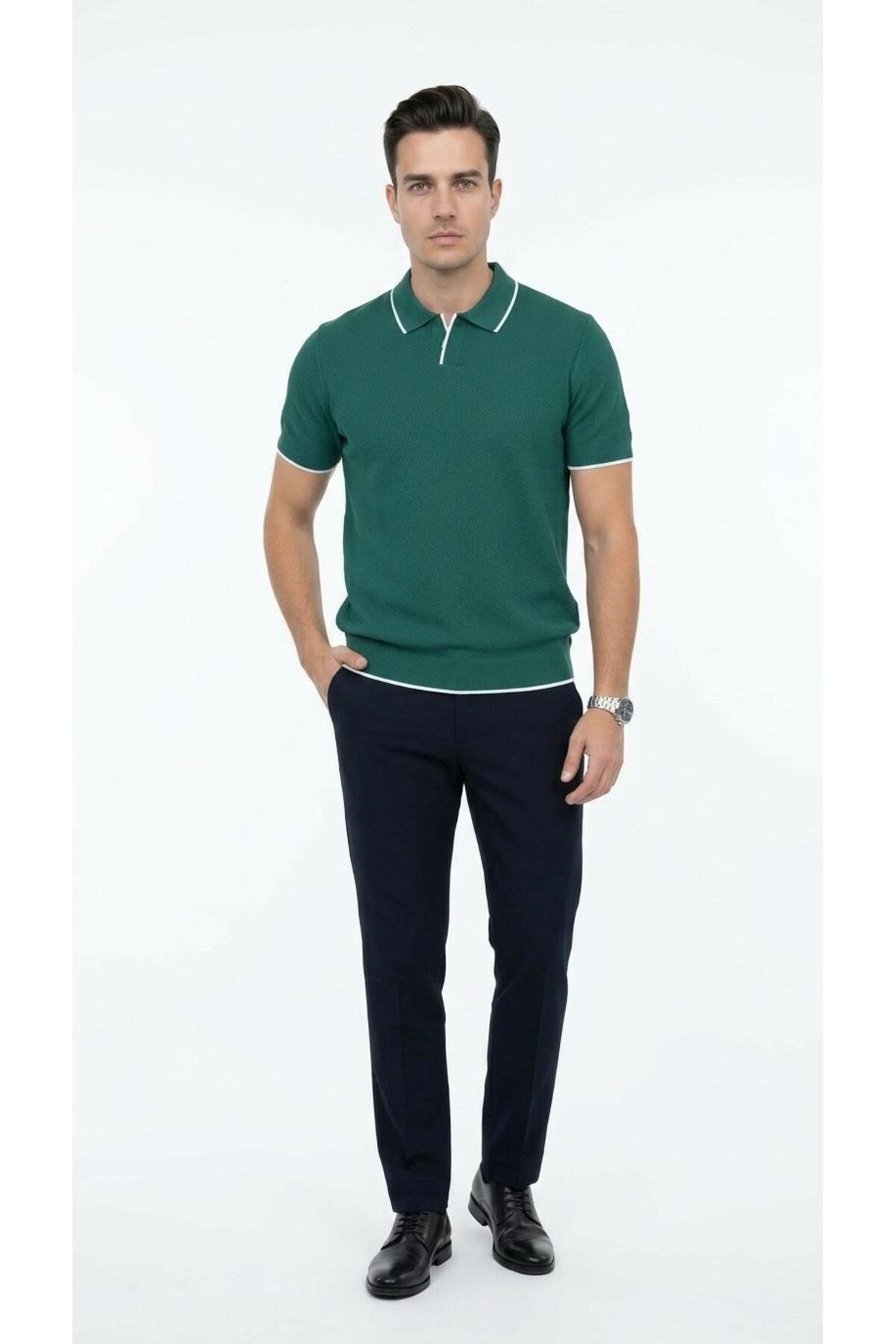 Erkek Pike Dokulu Triko Polo Yaka Tişört Slim Fit Şerit Detaylı Yazlık Model - Yeşil