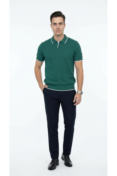 Erkek Pike Dokulu Triko Polo Yaka Tişört Slim Fit Şerit Detaylı Yazlık Model - Yeşil
