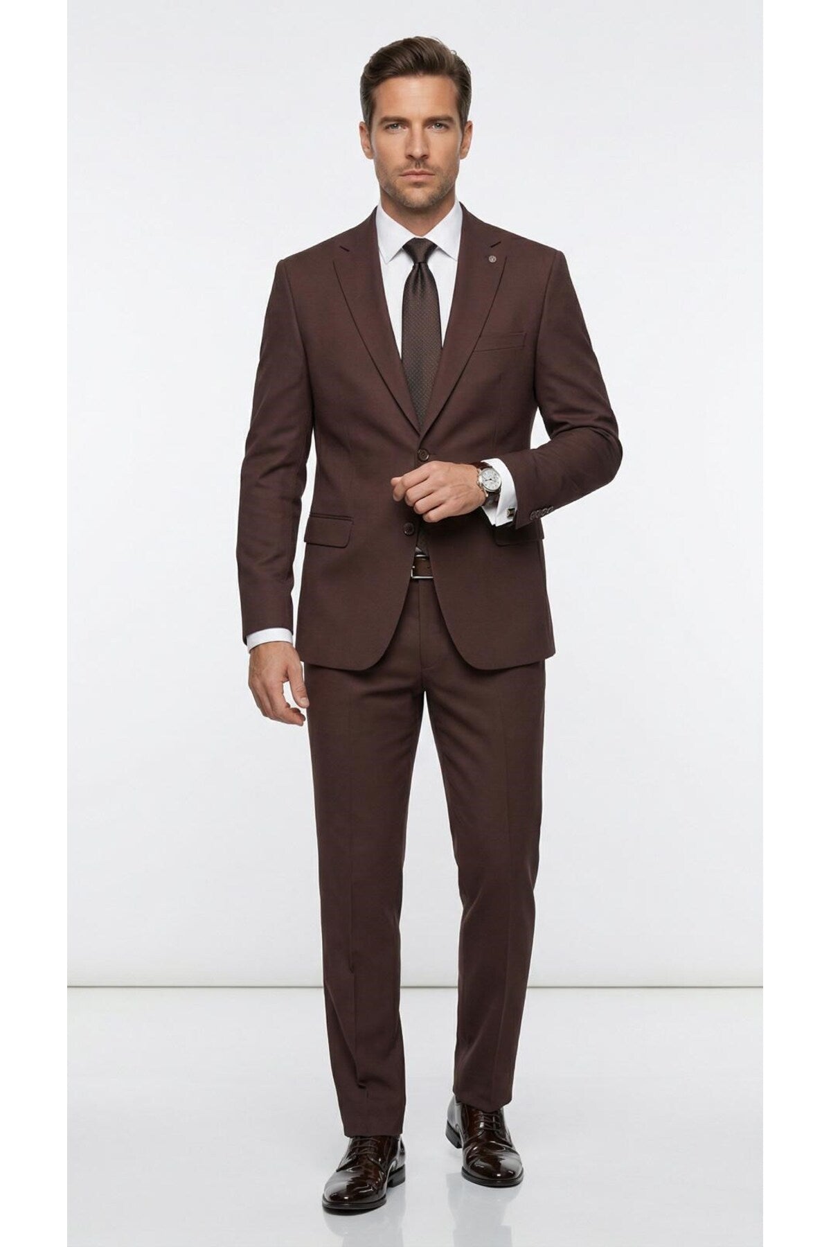 Erkek Klasik 2’li Takım Elbise 2 Düğmeli Slim Fit Esnek Kumaş Çift Yırtmaçlı 7 Drop - Kahverengi