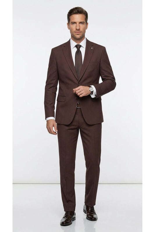 Erkek Klasik 2’li Takım Elbise 2 Düğmeli Slim Fit Esnek Kumaş Çift Yırtmaçlı 7 Drop - Kahverengi