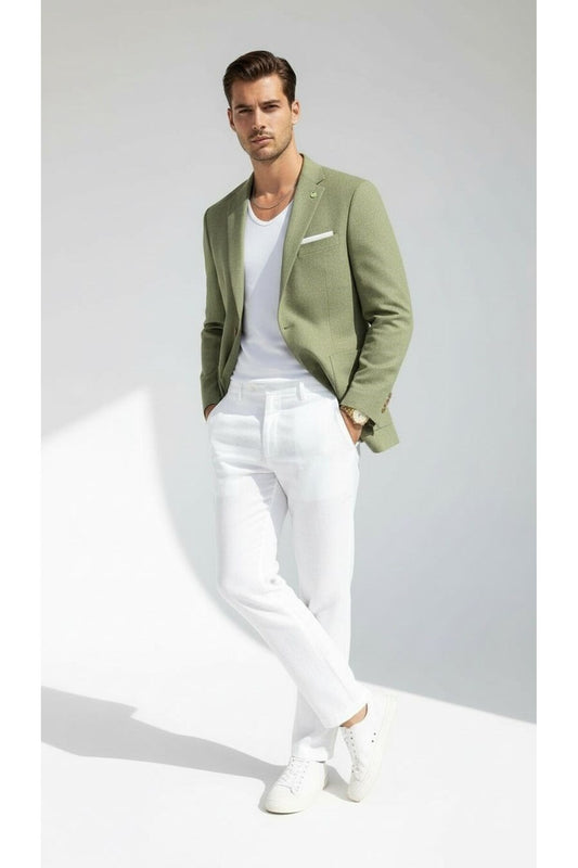 Erkek Slim Fit Blazer Ceket Tek Düğmeli Çift Yırtmaçlı Torba Cepli Yarım Astarlı - Haki