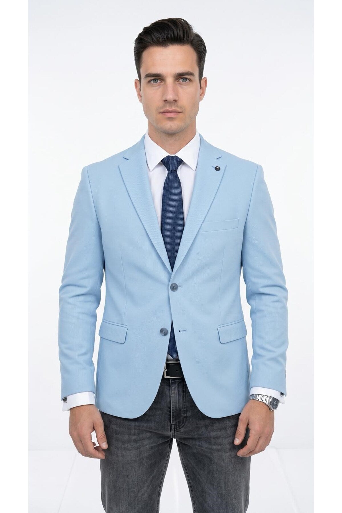 Slim Fit Mikro Desenli Erkek Ceket Yazlık Pike Kumaş Çift Yırtmaç Blazer - Mavi