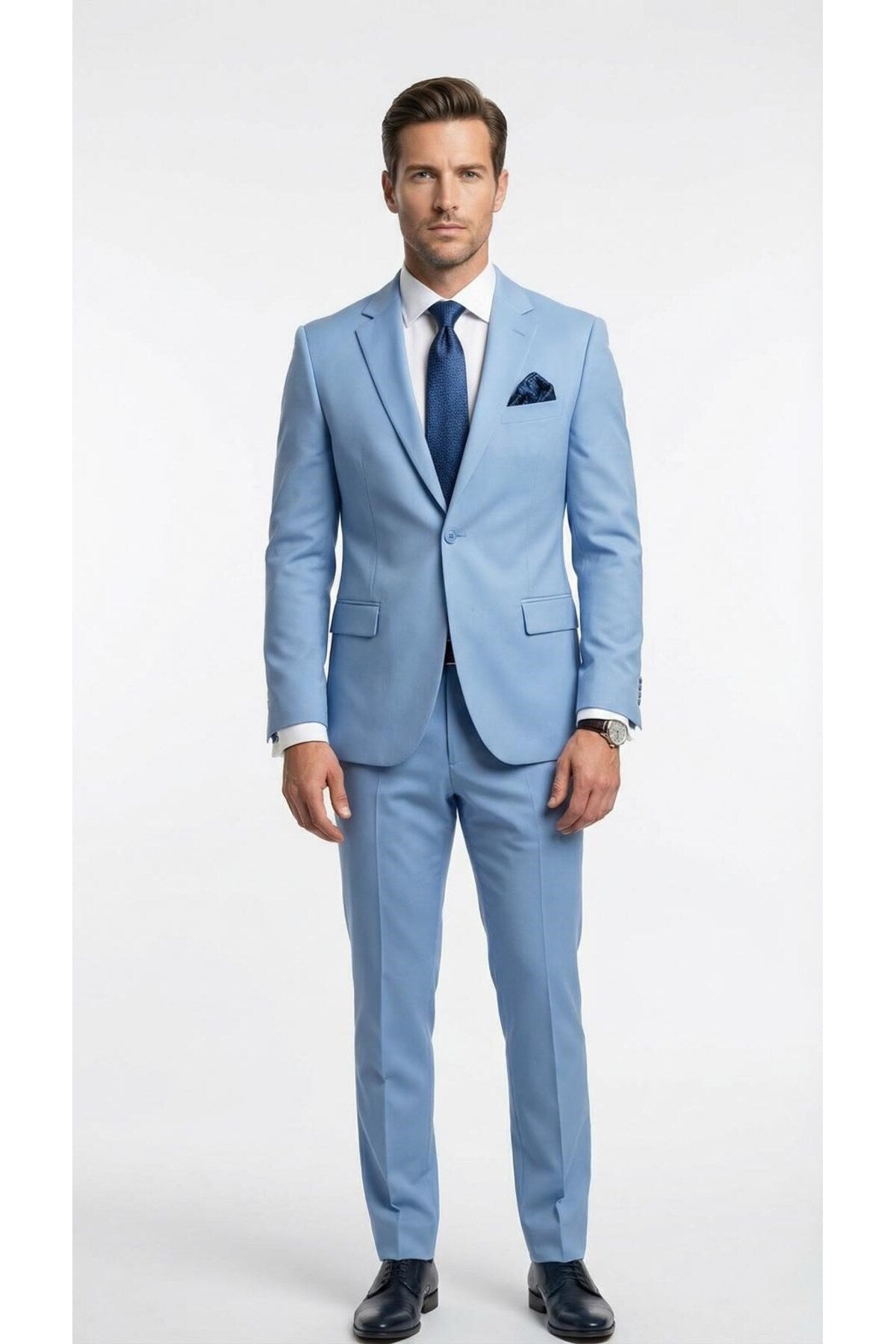 Erkek 3 Parça Slim Fit Takım Elbise –Klasik Likralı Kumaş, Tek Düğme, Çift Yırtmaçlı Modern Kesim ( - Mavi