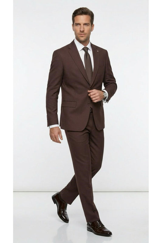 Erkek Klasik 2’li Takım Elbise 2 Düğmeli Slim Fit Esnek Kumaş Çift Yırtmaçlı 7 Drop - Kahverengi