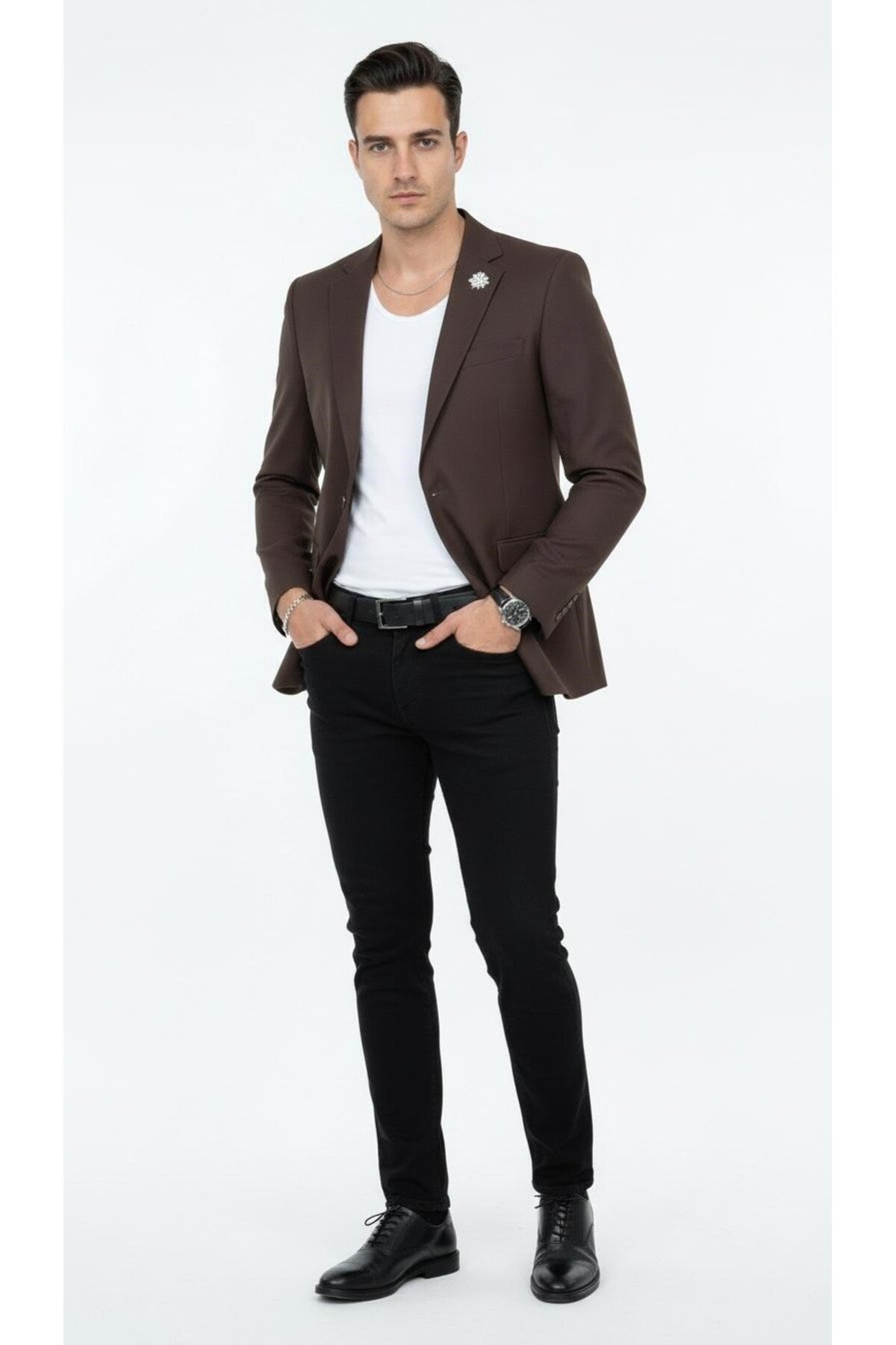 Erkek Mono Yaka Tek Düğmeli Çift Yırtmaçlı Blazer Ceket – Premium Dokuma Kumaş, 8 Renk - Kahverengi