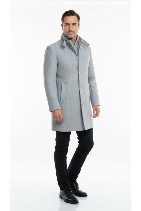 Erkek Slim Fit Kaşe Kaban – Çıkarılabilir Ribanalı Fermuarlı Yaka, S–XXL - Gri