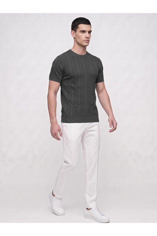 Erkek Bisiklet Yaka Kısa Kollu Triko Tişört – Dokulu Örgü Modern Kesim Yazlık T-Shirt - Siyah