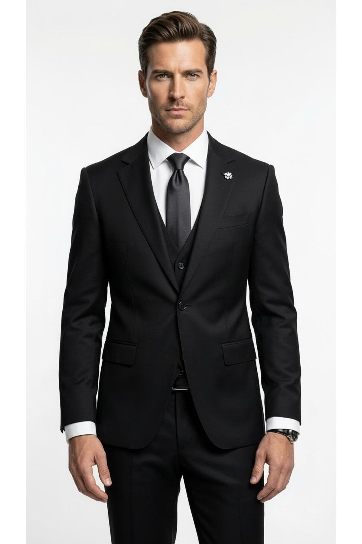 Erkek Klasik Slim Fit Takım Elbise – Notch Yaka, Yaka Punto Dikişli, Tek Düğmeli, Çift Yırtmaçlı - Siyah