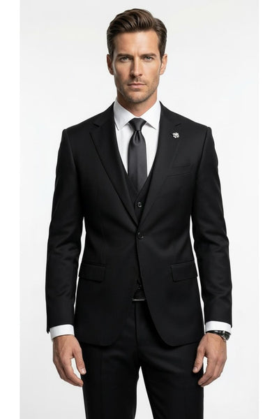 Erkek Klasik Slim Fit Takım Elbise – Notch Yaka, Yaka Punto Dikişli, Tek Düğmeli, Çift Yırtmaçlı - Siyah