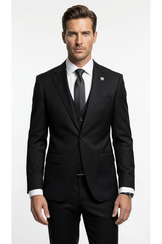 Erkek Klasik Slim Fit Takım Elbise – Notch Yaka, Yaka Punto Dikişli, Tek Düğmeli, Çift Yırtmaçlı - Siyah