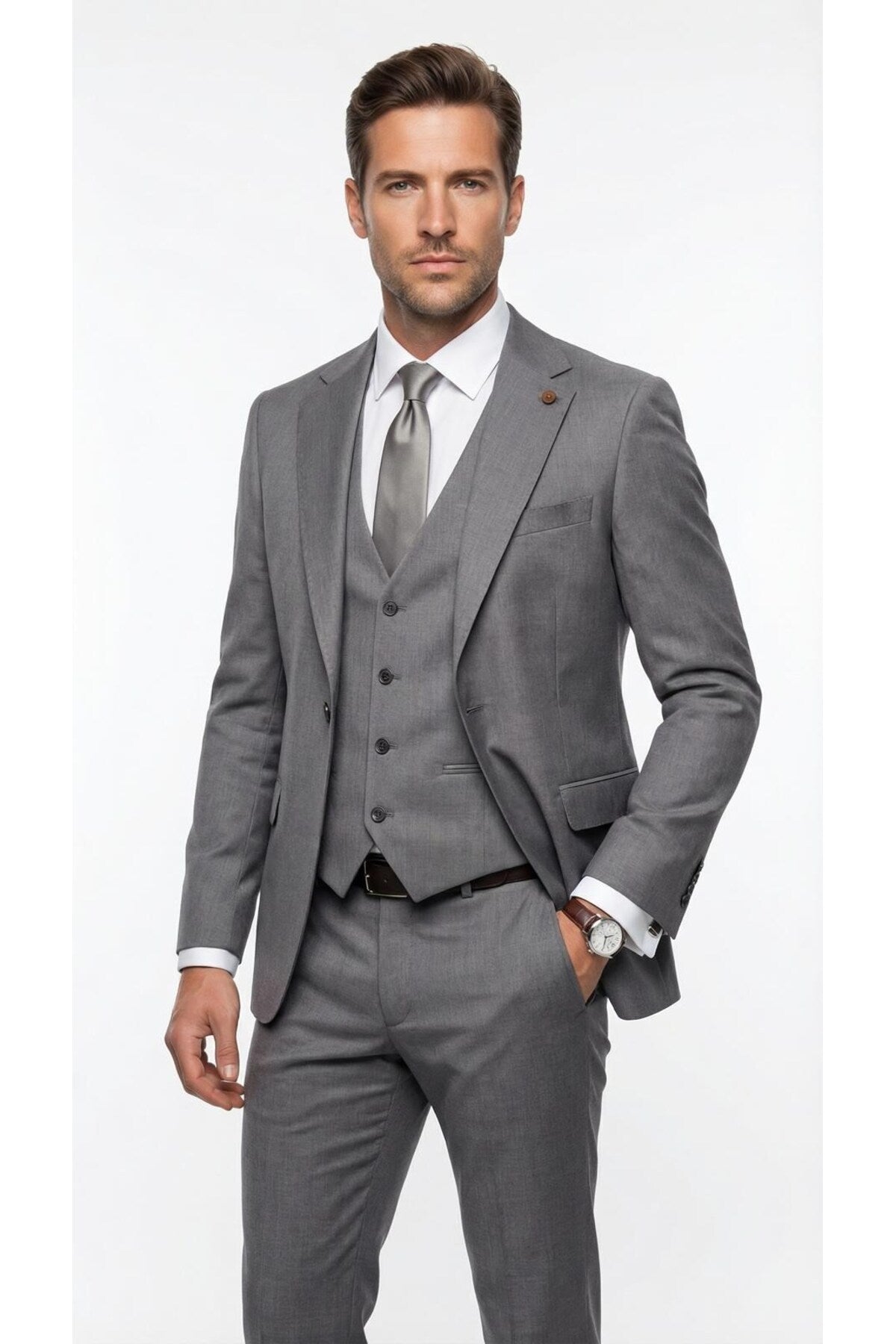 Erkek Klasik Slim Fit Takım Elbise – Notch Yaka, Yaka Punto Dikişli, Tek Düğmeli, Çift Yırtmaçlı - Gri