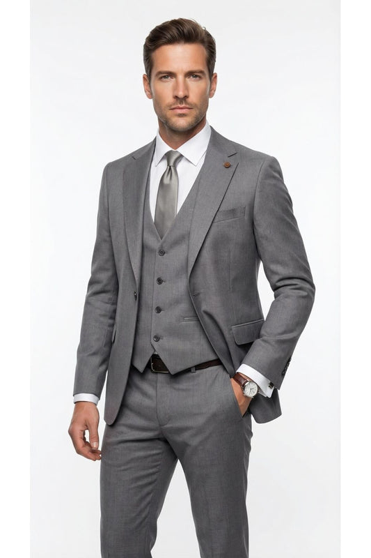 Erkek Klasik Slim Fit Takım Elbise – Notch Yaka, Yaka Punto Dikişli, Tek Düğmeli, Çift Yırtmaçlı - Gri