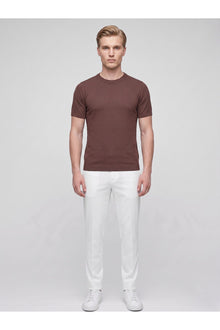 Erkek Bisiklet Yaka Kısa Kollu Triko Tişört – Slim Fit Modern Kesim Yazlık T-Shirt - Kahverengi