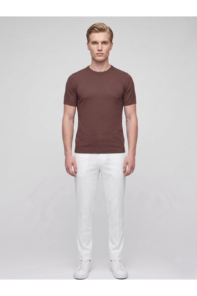 Erkek Bisiklet Yaka Kısa Kollu Triko Tişört – Slim Fit Modern Kesim Yazlık T-Shirt - Kahverengi