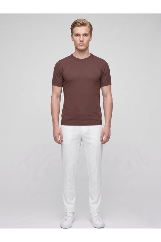 Erkek Bisiklet Yaka Kısa Kollu Triko Tişört – Slim Fit Modern Kesim Yazlık T-Shirt - Kahverengi