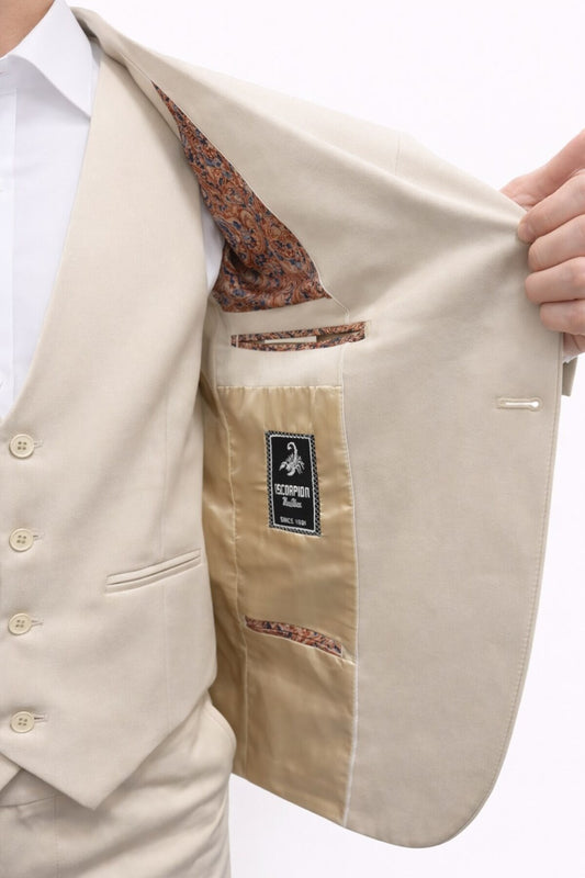 Erkek 3 Parça Slim Fit Takım Elbise –Klasik Likralı Kumaş, Tek Düğme, Çift Yırtmaçlı Modern Kesim ( - Bej