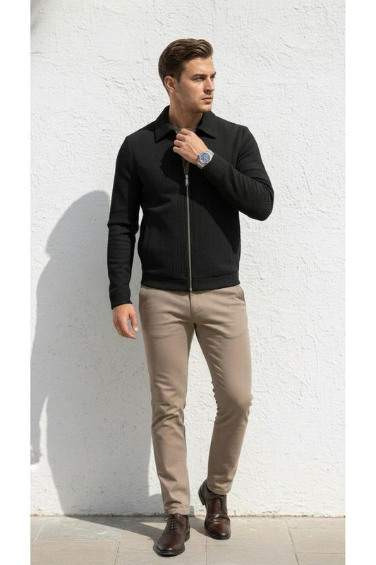 Slim Fit Fitilli Dokulu Erkek Fermuarlı Mont Ceket Günlük Şık Kombin - Siyah
