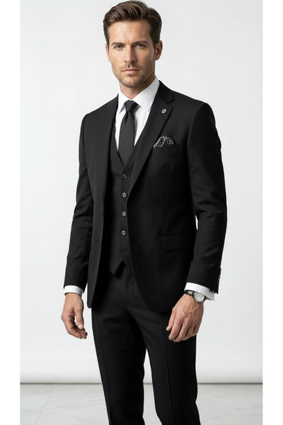Erkek 3 Parça Slim Fit Takım Elbise –Klasik Likralı Kumaş, Tek Düğme, Çift Yırtmaçlı Modern Kesim ( - Siyah