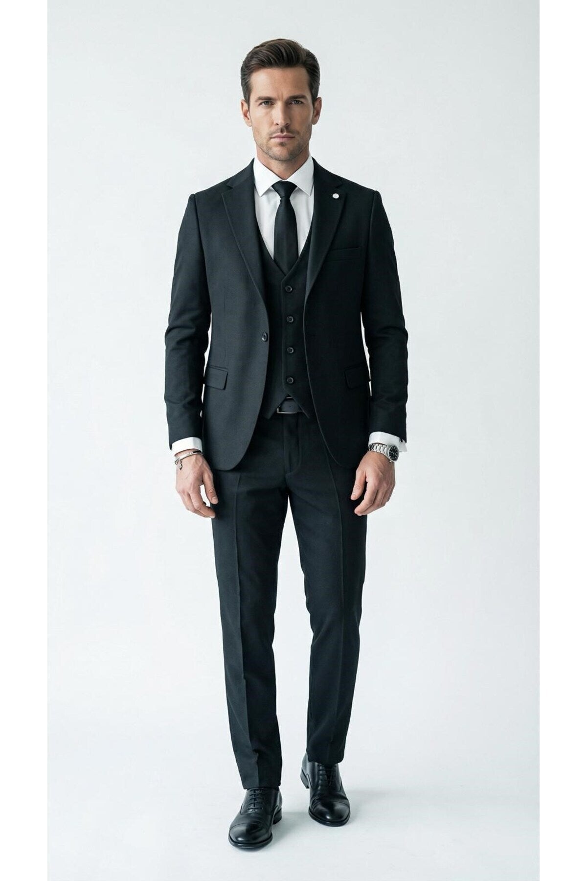 Erkek Klasik Slim Fit Armürlü Kumaş Tek Düğmeli Çift Yırtmaçlı Klasik Yaka Takım Elbise 7 Drop - Siyah