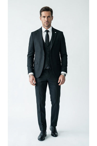 Erkek Klasik Slim Fit Armürlü Kumaş Tek Düğmeli Çift Yırtmaçlı Klasik Yaka Takım Elbise 7 Drop - Siyah