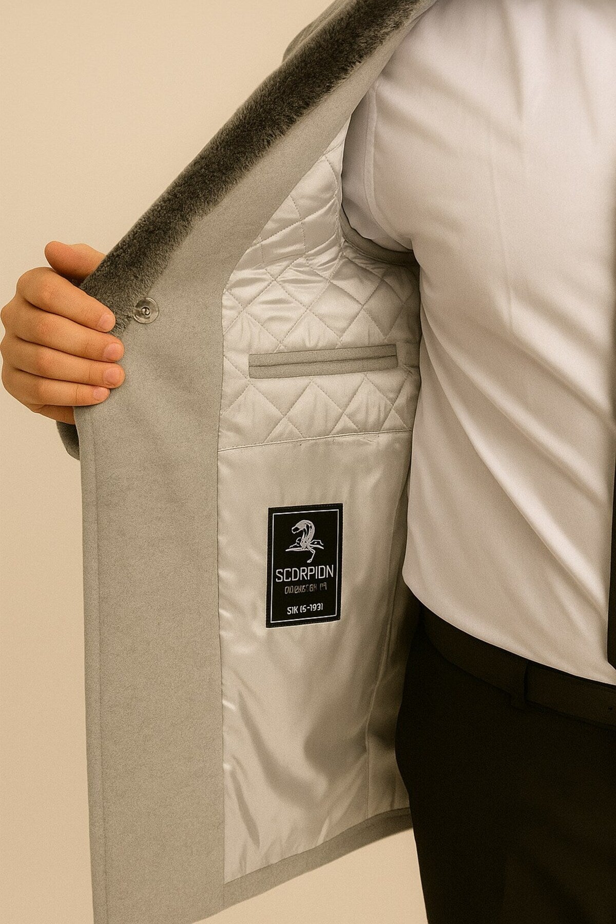 Erkek Uzun Kaşe Kaban – Çıkartılabilir Kürk Yaka, Astarlı ve Cepli Slim Fit Mont (Bej, - Gri
