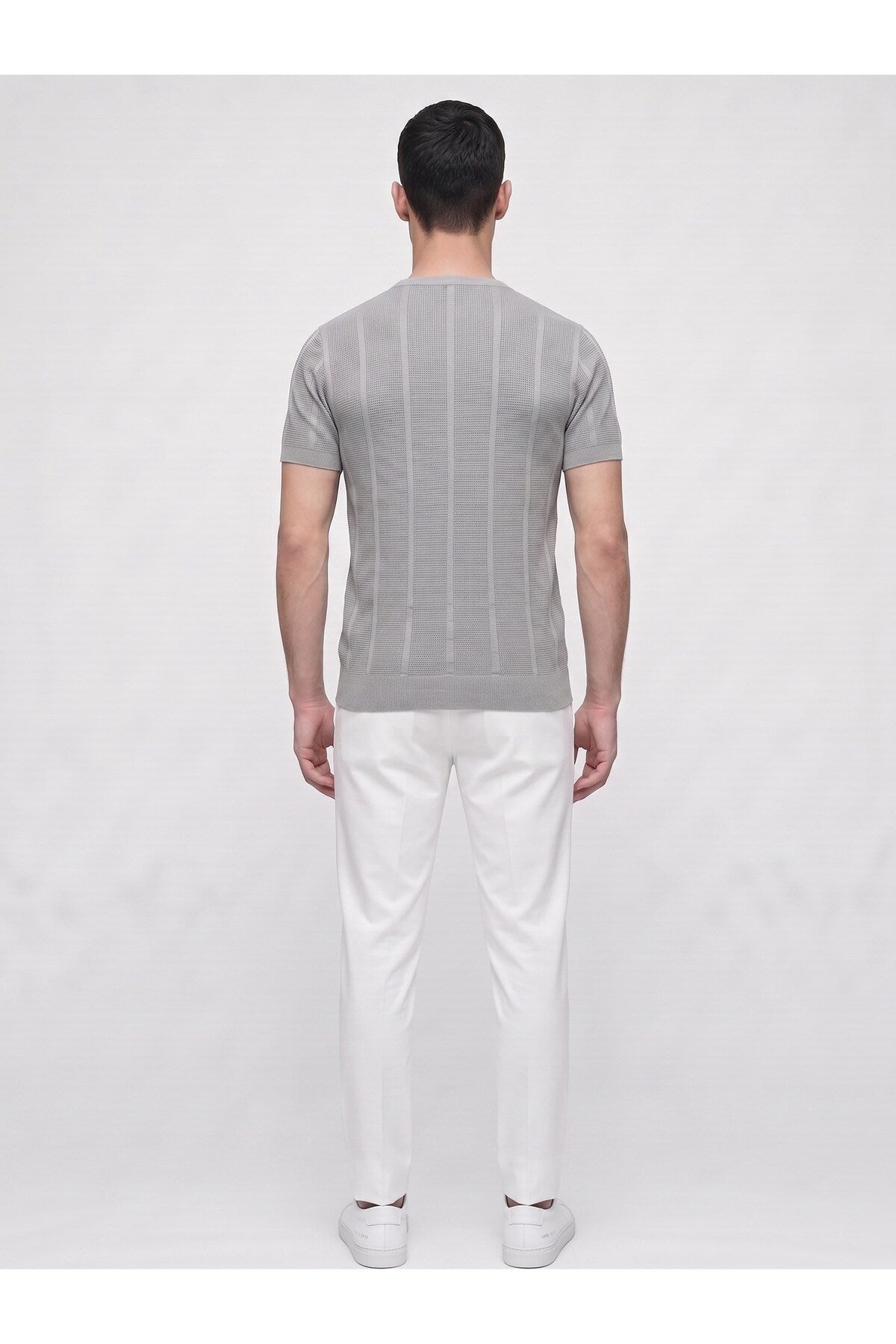 Erkek Bisiklet Yaka Kısa Kollu Triko Tişört – Dokulu Örgü Modern Kesim Yazlık T-Shirt - Gri