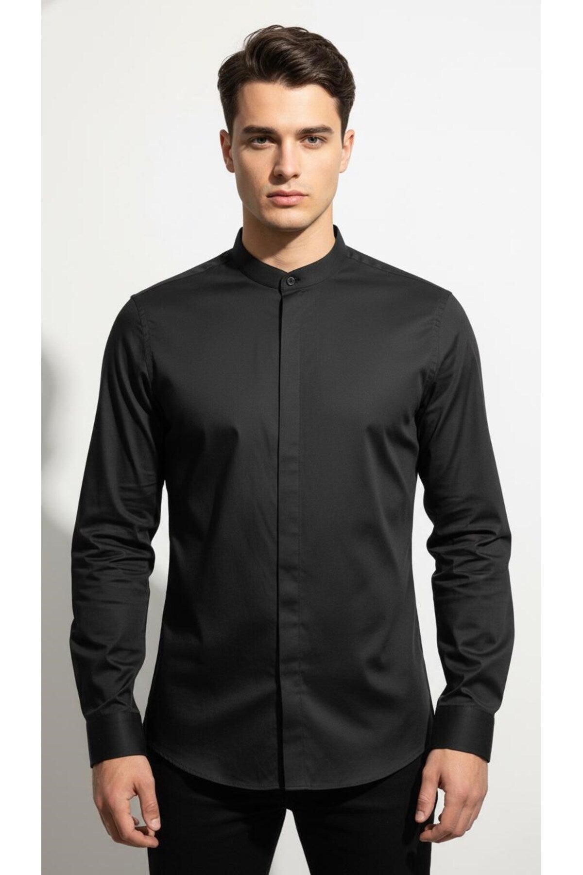 Erkek Hakim Yaka Slim Fit Gömlek – Şık, Modern, Uzun Kollu, Düz Model - Siyah