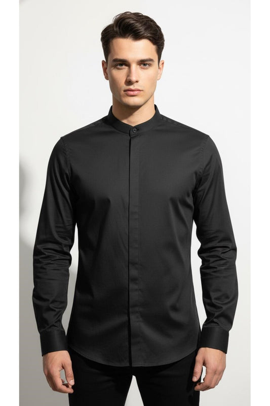 Erkek Hakim Yaka Slim Fit Gömlek – Şık, Modern, Uzun Kollu, Düz Model - Siyah