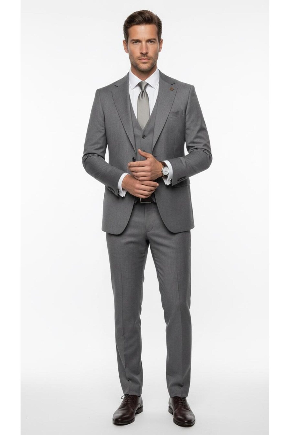 Erkek Klasik Slim Fit Takım Elbise – Notch Yaka, Yaka Punto Dikişli, Tek Düğmeli, Çift Yırtmaçlı - Gri