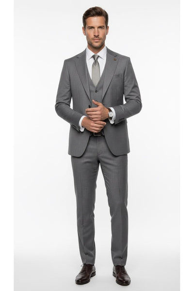 Erkek Klasik Slim Fit Takım Elbise – Notch Yaka, Yaka Punto Dikişli, Tek Düğmeli, Çift Yırtmaçlı - Gri