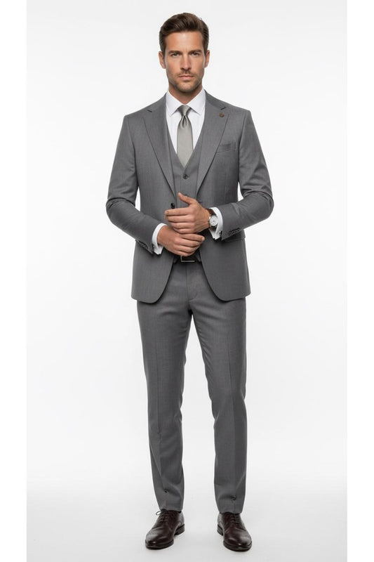 Erkek Klasik Slim Fit Takım Elbise – Notch Yaka, Yaka Punto Dikişli, Tek Düğmeli, Çift Yırtmaçlı - Gri