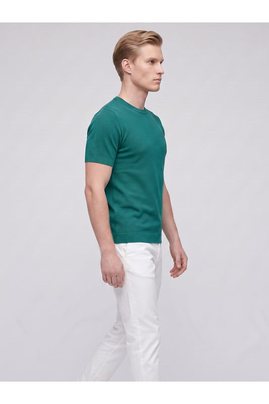 Erkek Bisiklet Yaka Kısa Kollu Triko Tişört – Slim Fit Modern Kesim Yazlık T-Shirt - Yeşil