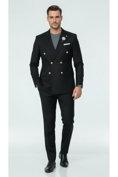 Erkek Kruvaze Gold Düğmeli Dokulu Likralı Kumaş Blazer Ceket – Modern Kesim Şık Tasarım - Siyah