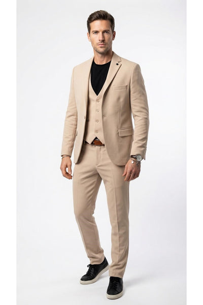 Erkek Klasik Slim Fit Armürlü Kumaş Tek Düğmeli Çift Yırtmaçlı Klasik Yaka Takım Elbise 7 Drop - Bej