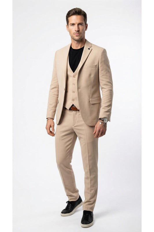 Erkek Klasik Slim Fit Armürlü Kumaş Tek Düğmeli Çift Yırtmaçlı Klasik Yaka Takım Elbise 7 Drop - Bej