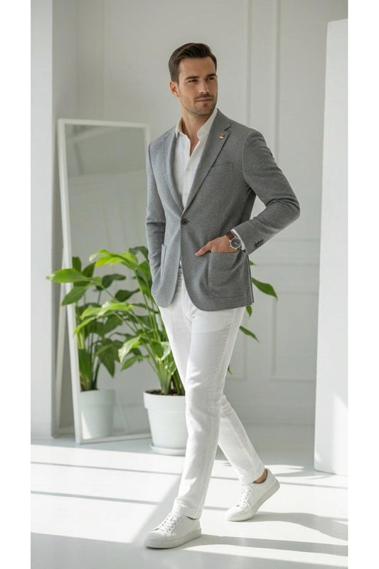 Erkek Slim Fit Blazer Ceket Tek Düğmeli Çift Yırtmaçlı Torba Cepli Yarım Astarlı - Gri
