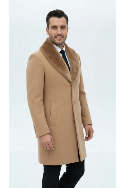 Erkek Uzun Kaşe Kaban – Çıkartılabilir Kürk Yaka, Astarlı ve Cepli Slim Fit Mont (Bej, - Bej