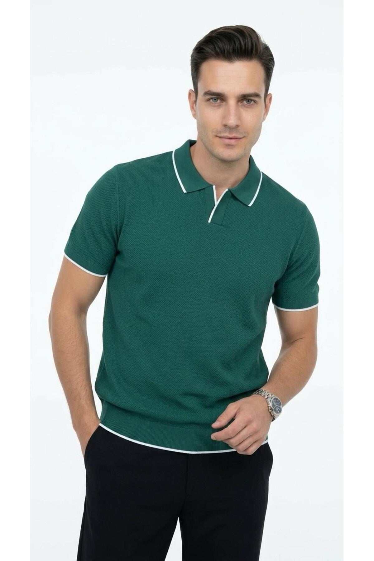 Erkek Pike Dokulu Triko Polo Yaka Tişört Slim Fit Şerit Detaylı Yazlık Model - Yeşil